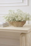 Scalloped Ceramic Trough in Tan by Accent Decor, styled with baby's breath on a console