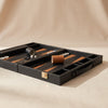 Leather Backgammon Set in black and brown by MarbleCultures, open and set up for play, MA VIE studio