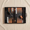 Leather Backgammon Set in black and brown by MarbleCultures, open board seen from above, MA VIE studio