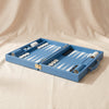 Leather Backgammon Set in blue by MarbleCultures, open and set up for play, MA VIE studio