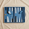 Leather Backgammon Set in blue by MarbleCultures, open board seen from above, MA VIE studio