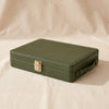 Leather Backgammon Set in green by MarbleCultures, closed case with brass latch and leather handle, MA VIE studio