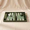 Leather Backgammon Set in green by MarbleCultures, open board seen from above, MA VIE studio