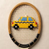 Taxi Cab embroidered vintage tennis racquet by Moreland Manor, wool embroidery detail, MA VIE studio