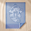 Promenade Impériale jacquard tea towel by Le Jacquard Français in Lapis, a chinoiserie pavilion in blue and white, on the MA VIE cotton backdrop