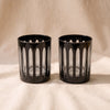 Empire Rocks Glasses in Tuxedo, set of two hand-cut glasses by Sir/Madam, on a natural cotton backdrop