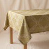 Hôtel Particulier linen tablecloth in Boiseries spread over a plain oak table, showing the crisper fall of linen