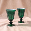 Rialto Tulip Glasses in Kale, set of two mouth-blown cased glass tulip glasses by Sir/Madam, on a natural cotton backdrop