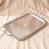 Queen Anne large oblong tray with handles in silver plate seen at an angle, by Corbell Silver
