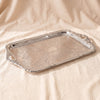 Queen Anne oblong tray in silver plate seen at an angle, by Corbell Silver
