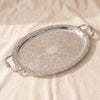 Queen Anne oval tray with handles in silver plate seen at an angle, by Corbell Silver