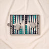 Reverra leather backgammon set by Printworks, open and seen from directly above