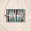 Reverra leather backgammon set by Printworks with the board open flat