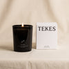 Yafo Suede scented candle with gift box by TEKES on a natural cotton backdrop
