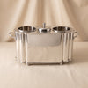 Alsace two bottle wine cooler in polished nickel by Zodax on a natural cotton backdrop
